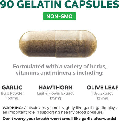 Blood Pressure Support Supplement NonGMO Premium Natural Herbs Vitamins Berries High Dosage of Hawthorn Extract Berry Lower Pills 90 Capsules