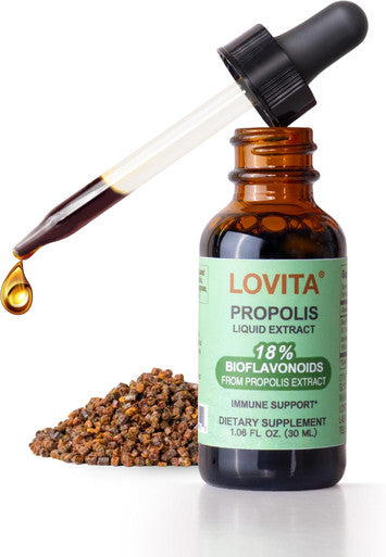 LOVITA Bee Propolis Liquid Extract 30 Day Supply 5:1 Resin Drops with 18% Bioflavonoids Alcohol Free Antioxidant Immune Support and Throat Soothing Gluten Free Non GMO