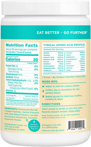 Further Food Collagen Peptides Powder Vanilla Flavored Keto GrassFed Collagen Type 1 3 Joint Support Gut Health Hair Skin Nails Beauty Tremella Mushroom Paleo Keto Sugar 28 Servings