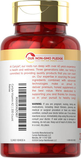 Carlyle Vitamin K2 MK7 100mcg | 200 Vegan Capsules | Menaquinone-7 Supplement | Non-GMO Gluten