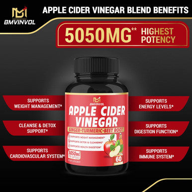 Apple Cider Vinegar Capsules 5050mg Herbal Equivalent with Ginger Turmeric Supports Digestion Detox Immune 2 Months Supply
