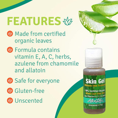 Aloe Life Skin Gel & Herbs Ultimate Skin Treatment, 99% Certified Organic Whole Leaf Aloe Vera, Vitamins C, A, & E, Head-to-Toe Skin Care Support for the Whole Family, Fragrance-Free (1 oz)