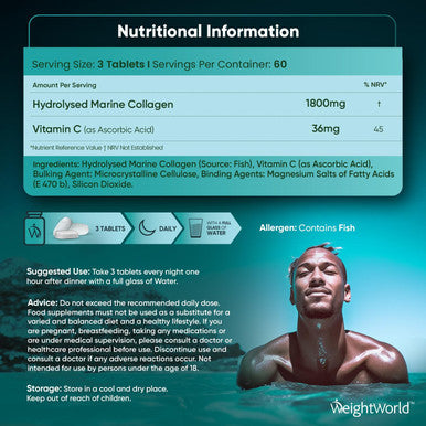 Weightworld Hydrolysed Marine Collagen Tablets 1800mg Collagen Supplements for Skin Hair and Slumber for Men and Women 180 Tablets with Hydrolysed Collagen Peptides Type 1 and 3 with Vitamin C Made in The UK