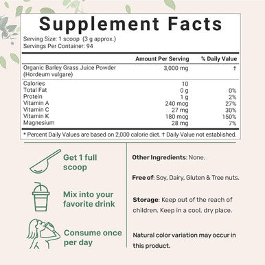 Micro Ingredients Organic Barley Grass Juice Powder 10 Ounce Cold Pressed US Grown Rich in Immune Vitamin Fibers Minerals Antioxidants and Protein Support Immune System and Digestion Vegan