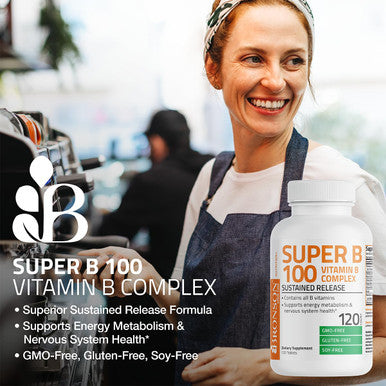 Bronson Super B 100 Vitamin B Complex Sustained Release Contains All B Vitamins (Vitamin B1, B2, B3, B6, B9 - Folic Acid, B12) Supports Energy Metabolism & Nervous System Health, Non-Gmo, 250 Tablets