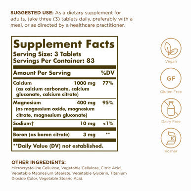 Solgar Calcium Magnesium Plus Boron - 250 Tablets - Non-Gmo Vegan Gluten Free Dairy Free Kosher - 83 Servings