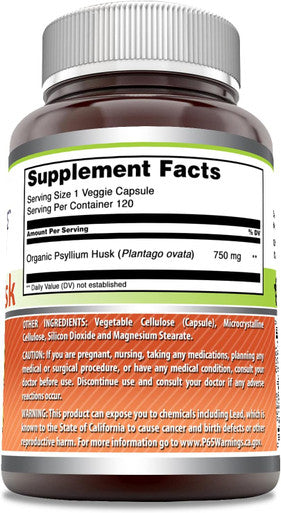 Amazing Nutrition Formulas Psyllium Husk 750mg Veggie Capsules Supplement | Non-GMO | Gluten | Made in USA | Suitable for Vegetarians (120 Count)