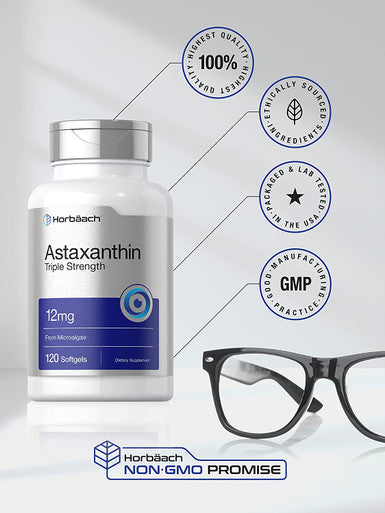 Astaxanthin 12mg | 120 Softgels | Triple Strength | Non-GMO & Gluten Free | by Horbaach