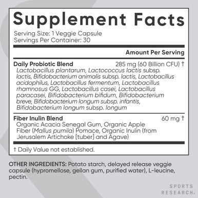 Sports Research Daily Probiotics with Prebiotics for Women Men Probiotic Blend with 60 Billion CFU at Expiration NonGMO Verified Vegan 30 DelayedRelease Veggie Capsules