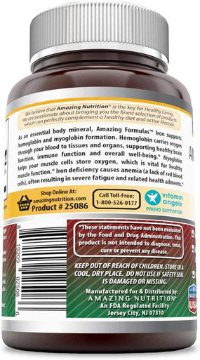 Amazing Nutrition Formulas Iron as Iron Bisglycinate 25 Mg Veggie Capsules (Non-GMOGluten ) - Supports Oxygen Supply to Tissues & Organs-Helps in The Formation of Hemoglobin&Myoglobin.(90 Veggie Capsules)