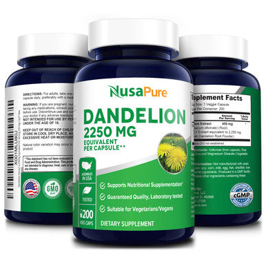 NusaPure Dandelion Extract 2,250mg 200 Veggie Capsules (Non-GMO, Extract 5:1 & )
