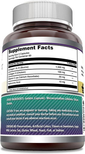 Amazing Nutrition Formulas Advanced Collagen Supplement | Collagen Type I II & III with Vitamin C & Hyaluronic Acid | 1600 Mg Per Serving | 180 Capsules | Non-GMO | Gluten- | Made in USA