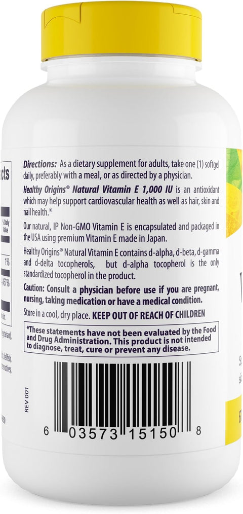 Healthy Origins Vitamin E 1000 IU (Natural) Mixed Tocopherols Vitamin E Supplement GlutenFree and NonGMO Skin Hair and Nails Vitamin 120 Softgels