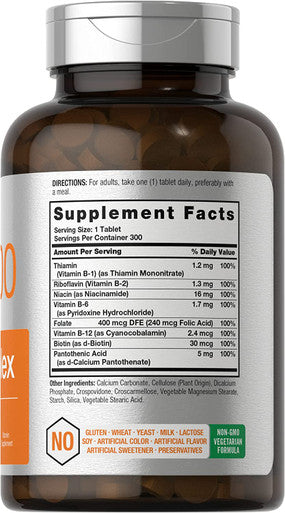 Vitamin B-100 Complex | 300 Tablets | Vegetarian, Non-GMO, and Gluten Free Supplement | by Horbaach