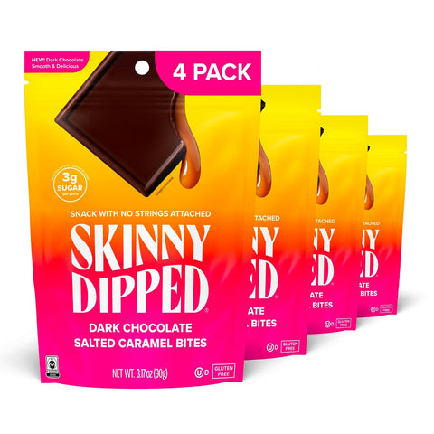 SkinnyDipped Dark Chocolate Coconut Almond Bites, Low Sugar Chocolate Coconut Bar, 3.17oz Resealable Bags, Pack of 4 (24 Bites Total)