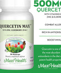 Maxi Health Quercetin 500mg with Zinc 30mg Vitamin C 1000mg Vitamin D 2500 IU Elderberry 125mg - Vegetarian Health Supplement for Adults Kosher - 90 Veggie Capsules