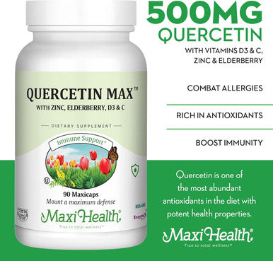 Maxi Health Quercetin 500mg with Zinc 30mg Vitamin C 1000mg Vitamin D 2500 IU Elderberry 125mg - Vegetarian Health Supplement for Adults Kosher - 90 Veggie Capsules