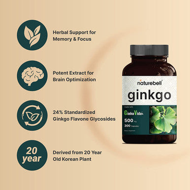 Naturebell Ginkgo Biloba Extract 500mg Per Serving 300 Capsules GinkoVida Extra Strength Ginko Biloba Supplement Promote Memory Focus and Brain Health