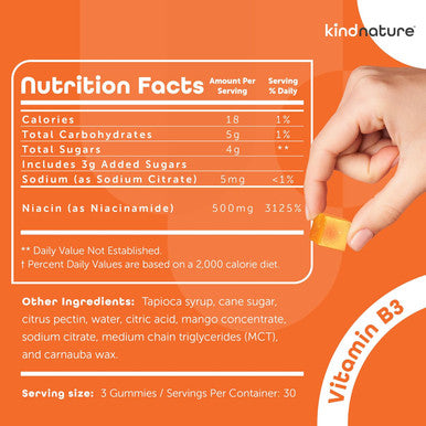 Kind Nature Vitamin B3 Niacin Gummies - Flush Niacinamide 500Mg Supplement - Vegan, Non-Gmo, Low-Calorie, Gluten-Free, Soy-Fee, 3Rd Party Lab Tested - 1 Month Supply, 90 Chewable Gummies