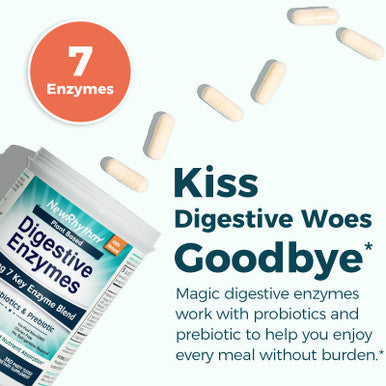 NewRhythm Digestive Enzymes 245 mg with Probiotics and Prebiotics Plant Based 7 Key Enzymes Digestion Nutrient Absorption Protease Amylase & Lipase 60 Vegan Capsules