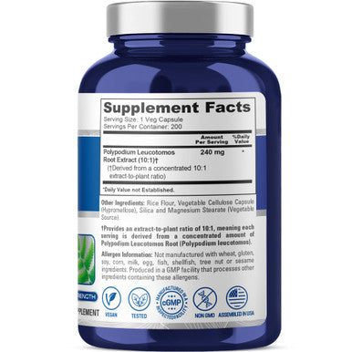 NusaPure Polypodium Leucotomos Capsules, 240 mg, 200 Veg Capsules (Non-GMO, Vegan)