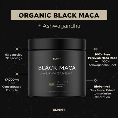 Terra ELMNT 40,000mg 40x Strength Organic Black Maca Root with Ashwagandha - Highest Potency Black Maca Root Capsules for Men - 100% Pure Maca Peruana Powder Organic, Gelatinized, Non-GMO - 60 Pills