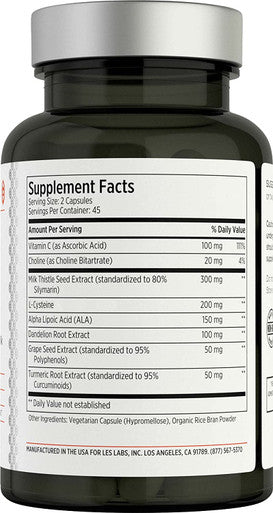 LES Labs Liver Support Liver Cleanse Healthy Liver Function Glutathione Production Detoxification Milk Thistle LCysteine ALA Dandelion 90 Capsules