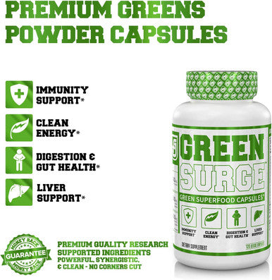 Green Surge Green Superfood Capsules Keto Friendly Greens Supplement w/Spirulina Wheat Barley Grass Organic Greens Plus Probiotics Digestive Enzymes 120 Veggie Pills