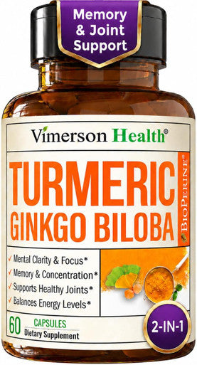 Ginko Biloba Capsules with Ginkgo Biloba 120mg & Organic Turmeric for Joint Support Focus and Brain Health Gingo Biloba Supplement with Black Pepper (Bioperine) for Max Absorption 60 Count