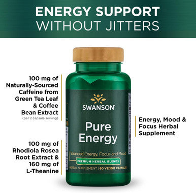 Swanson Pure Energy Metabolism Concentration Mental Focus Mood Support Stress Management Adaptogenic Herbs Herbal Supplement 60 Veggie Capsules (Veg Caps) Vegan