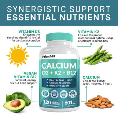 Primemd 4-In-1 Calcium Supplements For Women & Men - Calcium 600Mg With Vitamin D3 K2 B12 5000 Iu Supplement For Heart, Bone & Body Defenses - Gluten-Free, Non-Gmo, Vegan Friendly (120 Count)