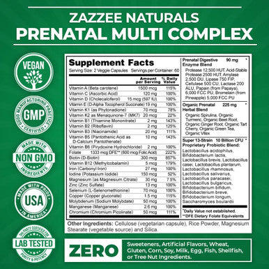 Zazzee Extra Strength Prenatal Multi Complex, 120 Vegan Capsules, Enhanced with MK7, 10 Billion CFU 13-Strain Probiotic Blend, Prenatal Enzyme Digestive Blend and Organic Prenatal Herbal Blend