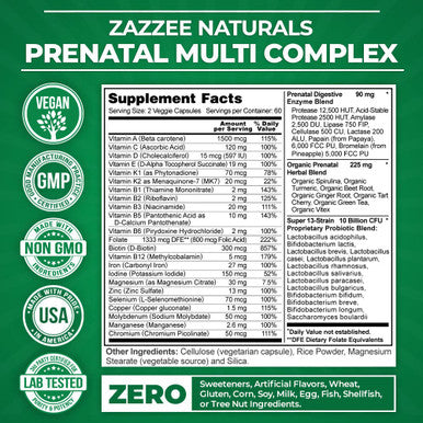 Zazzee Extra Strength Prenatal Multi Complex, 120 Vegan Capsules, Enhanced With Mk7, 10 Billion Cfu 13-Strain Probiotic Blend