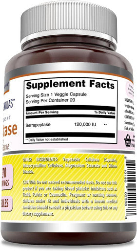 Amazing Nutrition Formulas Serrapeptase 120000 iu Supplement | Veggie Capsules | Non-GMO | Gluten | Made in USA (270 Count)