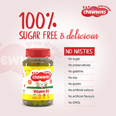 Chewwies Vitamin D - Chewable D3 Vegan Gummies- Gelatin Free, Sugar Free, Halal & Gluten Free, Non-GMO - for Adults and Children to Support Healthy Growth and Development (30 Day Supply)