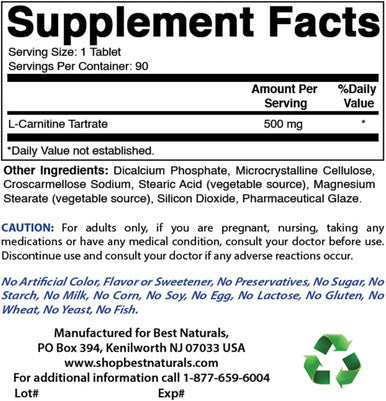 Best Naturals L-Carnitine Tartrate 500 mg 90 Tablets (90 Count (Pack of 3))