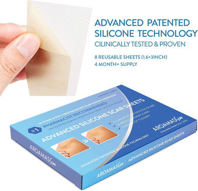 Aroamas Scar Silicone Scar Tape Softens and Flattens Scars From Surgery, Injury, Burns, C-Section, Scratch Marks Reusable Medical-Grade Silicone Scar Sheets For All Skin Types 3"X1.57", 8 Sheets