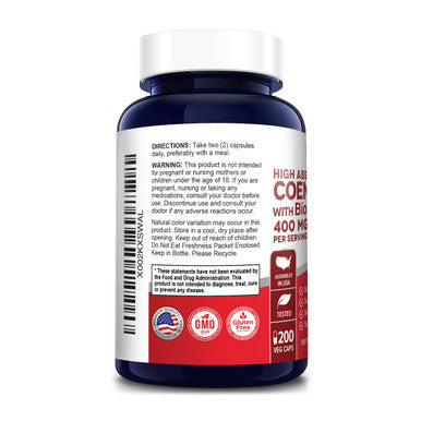 400 mg 200 Veggie Caps (Non-GMO & Gluten-Free) Q10, Antioxidant COQ-10 Enzyme, Coq 10 - 2 Daily Caps