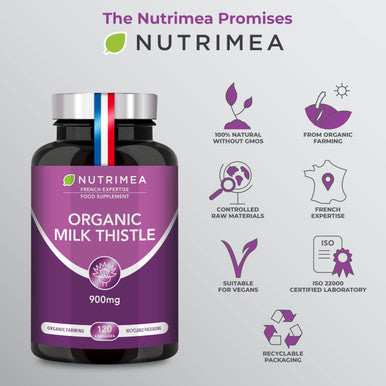 Laboratoires Nutrimea Organic Milk Thistle - Pure Seed Powder Excipient Free - Triple Action Liver Supplement: Detoxify Protect & Strengthen - 120 Vegan Capsules - High Strengh - French Expertise - Nutrimea