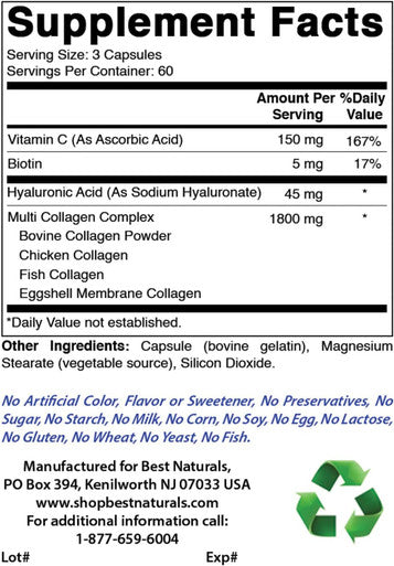 Best Naturals Multi Collagen Pills 2000mg for Women & Men - Hydrolyzed Collagen Peptides Capsules for Hair Skin and Nails with Types I II III V X Biotin Hyaluronic Acid & Vitamin C