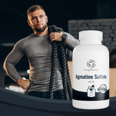 LongLifeNutri Agmatine Sulfate 500Mg - 180 Veg Caps | Pre-Workout | Nitric Oxide Supplement | Strength & Focus Booster | Supports Muscle Recovery
