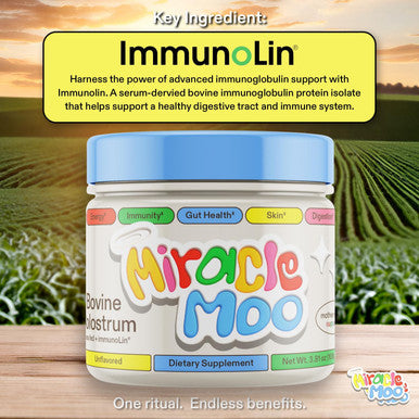 Miracle Moo Colostrum Supplement for Gut Health Hair Growth Beauty and Immune Support Easy to Mix Grass Fed Bovine Powder Highest IgG Plus ImmunoLin Unflavored 60 Servings