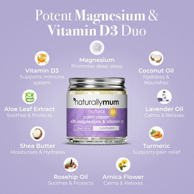 Naturallymum NaturallyMum - Calm Cream with Magnesium and Vitamin D3 [120ml] - Magnesium and Vitamin D Lotion - Magnesium D3 Cream - Calming Cream Magnesium and Vitamin D - Turmeric & Arnica Cream - Lavender