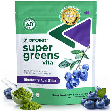 Rewind Best Tasting Super Greens Powder with 40+ Superfoods - Delicious Daily Green Powder with Vitamin B12 Zinc Vitamin C Magnesium & Calcium - Green Juice Superfood Mix - Blueberry Acai Flavor