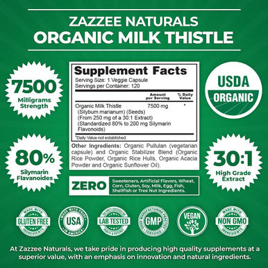 Zazzee Usda Organic Milk Thistle 30:1 Extract 7500 Mg Strength 120 Vegan Capsules