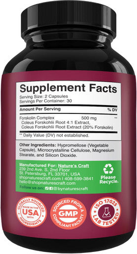 Natures Craft Forskolin Weight Loss Supplement for Men & Women Pure Coleus Forskohlii Extract Diet Pills Fat Burner Capsules Natural Appetite Suppressant Metabolism Booster Extra Strength