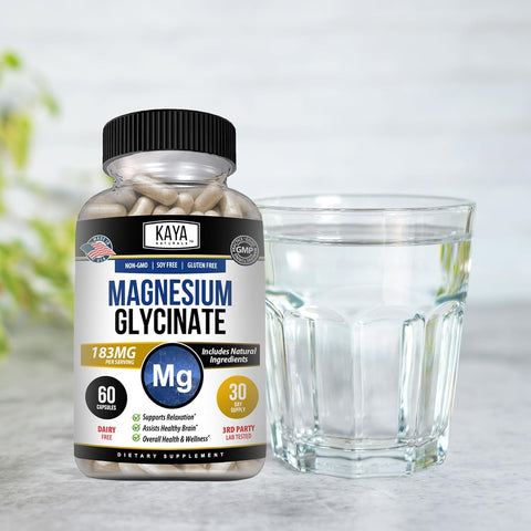 Kaya Naturals Magnesium Glycinate 183mg per Caps Chelated for Maximum Absorption NonGMO NO Gluten Dairy and Soy Supports Muscle and Heart Health 30 Count