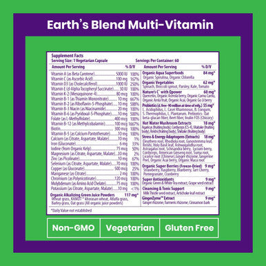 Paradise Herbs Earth's BlendAÃƒâ€šÃ‚Â® Organic Superfood Multivitaman with Iron | Antioxidants, Probiotics, Adaptogens, Vitamins A, B, C, D, K2 | Orac Energy Greens + Minerals + Herbs | 60 Vegetarian Capsules