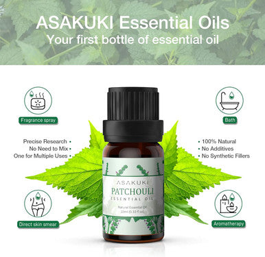 Asakuki Patchouli Essential Oil 10Ml, Perfect For Aromatherapy, Diffusers, Humidifier, Bath