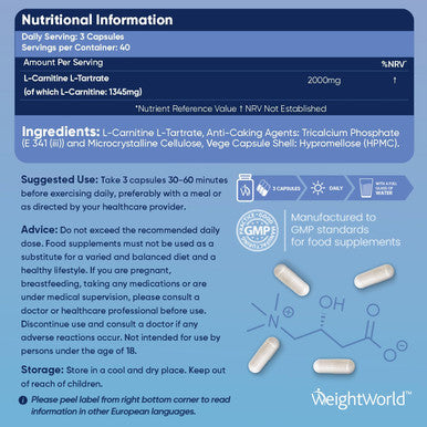 Weightworld L Carnitine Capsules 2000mg (666mg per Capsule) | High Performance L-Carnitine Supplement for Pre & Post Workout | Non-GMO & Vegan L Carnitine Tartrate for Energy